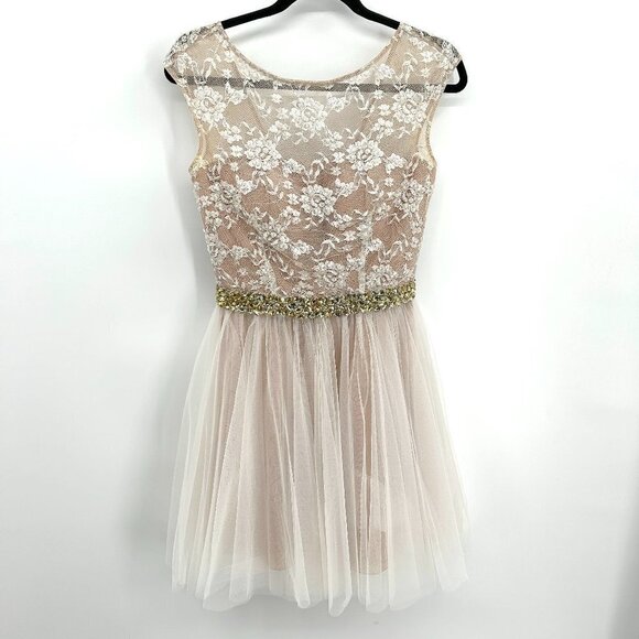 SHERRI HILL Nude White Yellow Gem Lace Ballerina Tulle Fit & Flare Mini Dress 4 - Picture 1 of 11